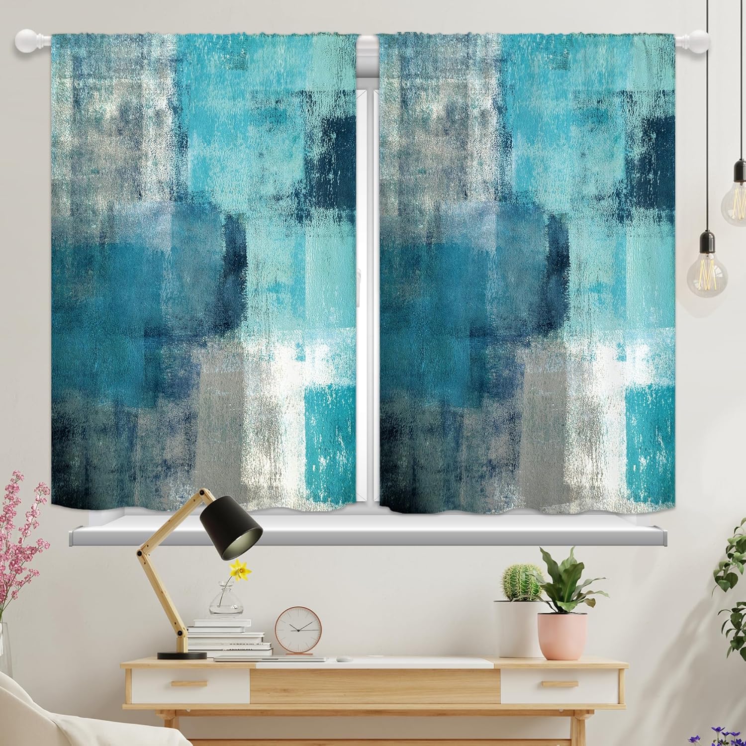 Yorida Cortinas de cocina turquesa y verde azulado, cortinas de ventana pequeña de granja azul y gris, cortinas rústicas de campo, estilo bohemio,