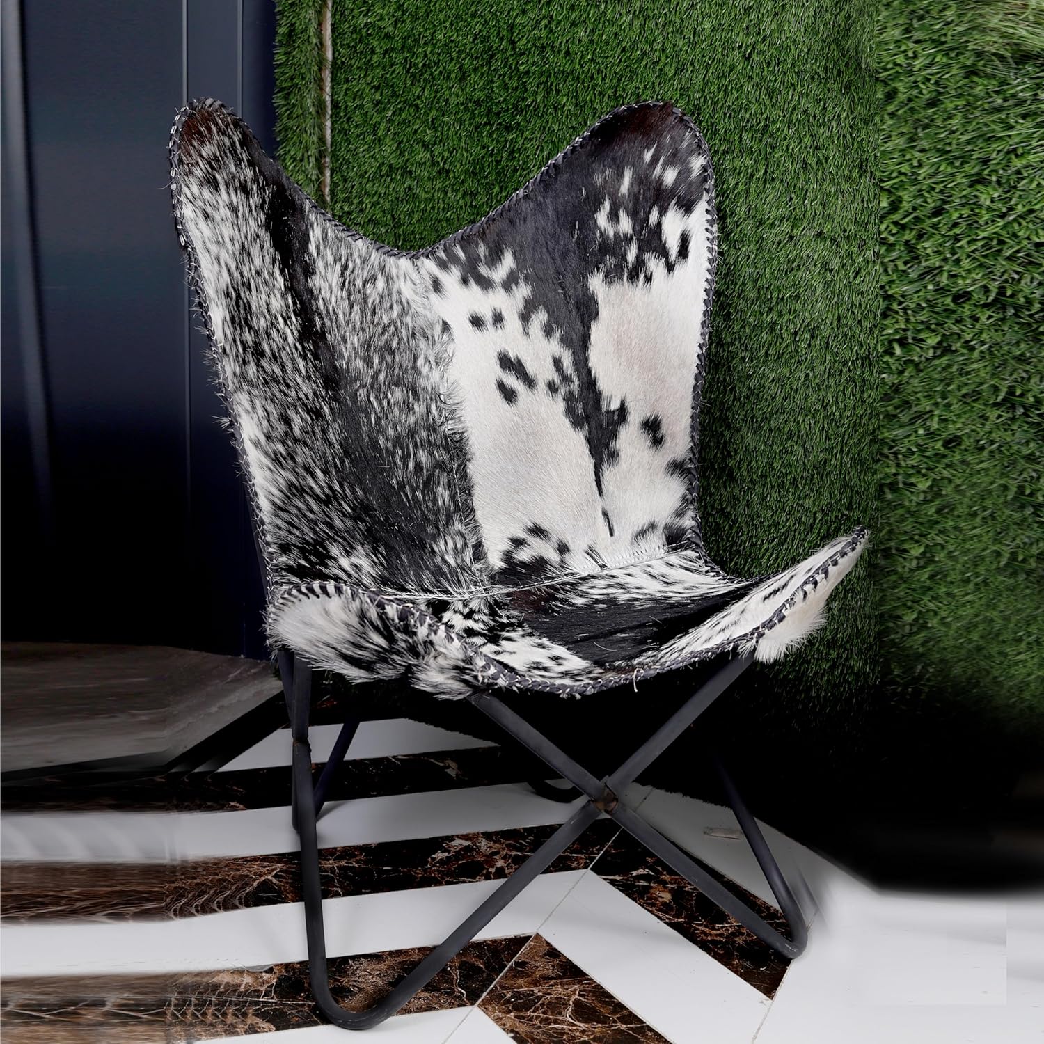 Silla de mariposa de cuero hecha a mano para sala de estar – Silla lateral de cuero Stich Silla mariposa marrón blanco