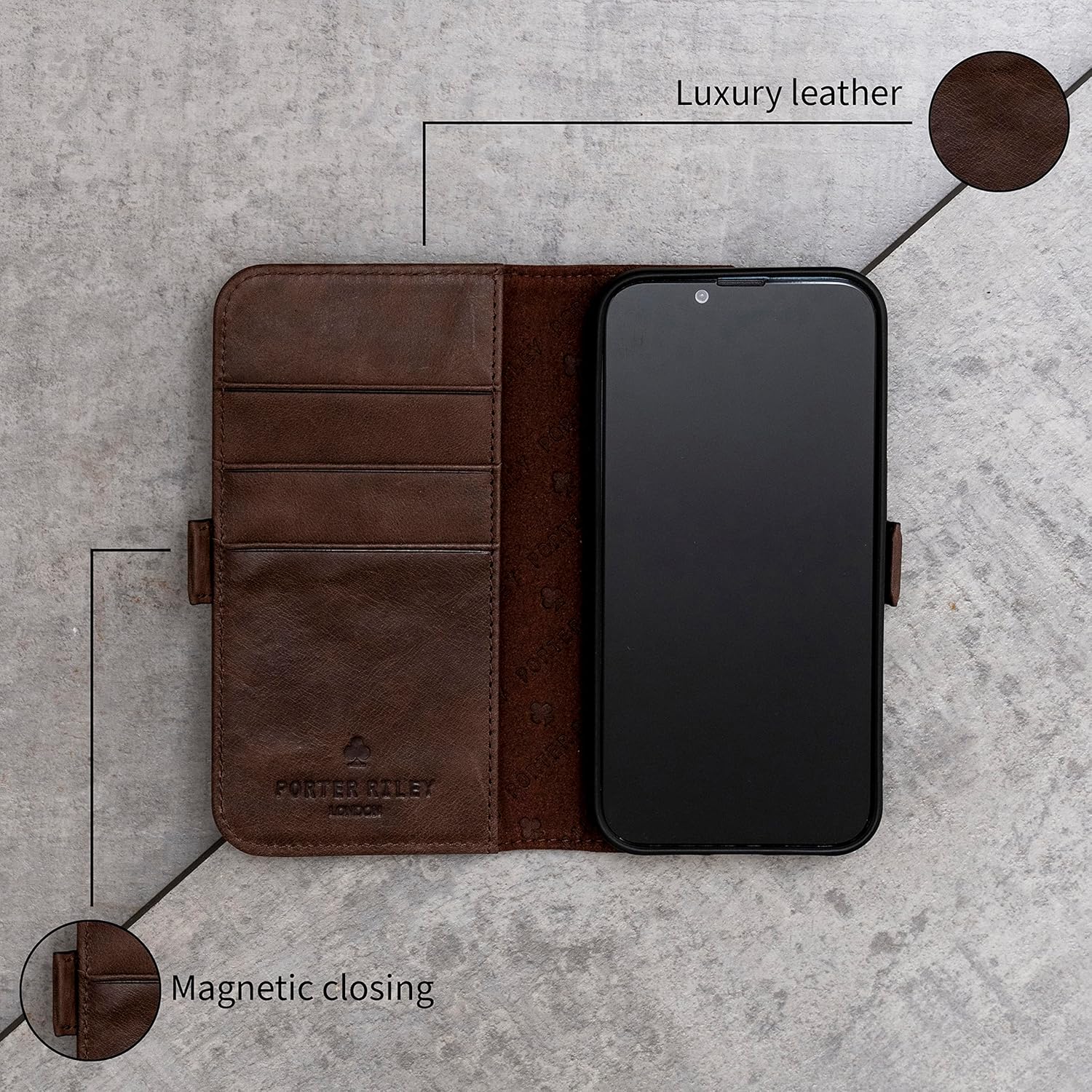 Porter Riley – Funda de cuero para iPhone 15 Pro Max. Funda de cuero genuino premium con ranuras para tarjetas y soporte horizontal (marrón