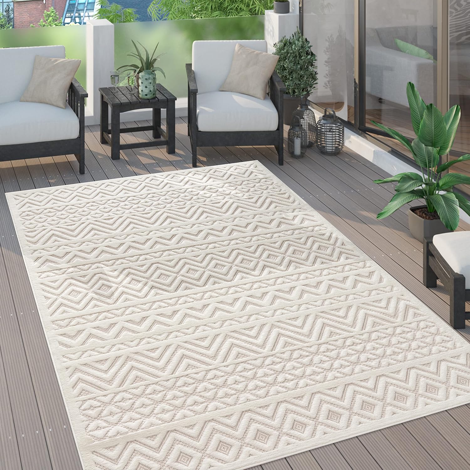 Paco Home Alfombra para interiores y exteriores con patrón bohemio texturizado en crema, tamaño 3’11” x 5’3″
