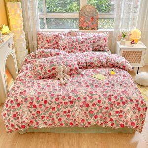 LIWHENHAO Juego de funda de edredón de conejo, tamaño individual, 100% algodón, diseño de dibujos animados, conejito blanco, flor roja sobre rosa, 1 LIWHENHAO Juego de funda de edredón de conejo, tamaño individual, 100% algodón, diseño de dibujos animados, conejito blanco, flor roja sobre rosa, 1