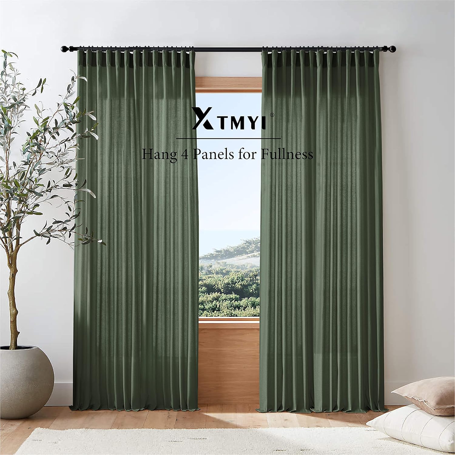 XTMYI Juego de 2 paneles de cortinas de lino transparente de 102 pulgadas de largo, color verde oliva, cinturón de gancho, pestaña trasera, mezcla