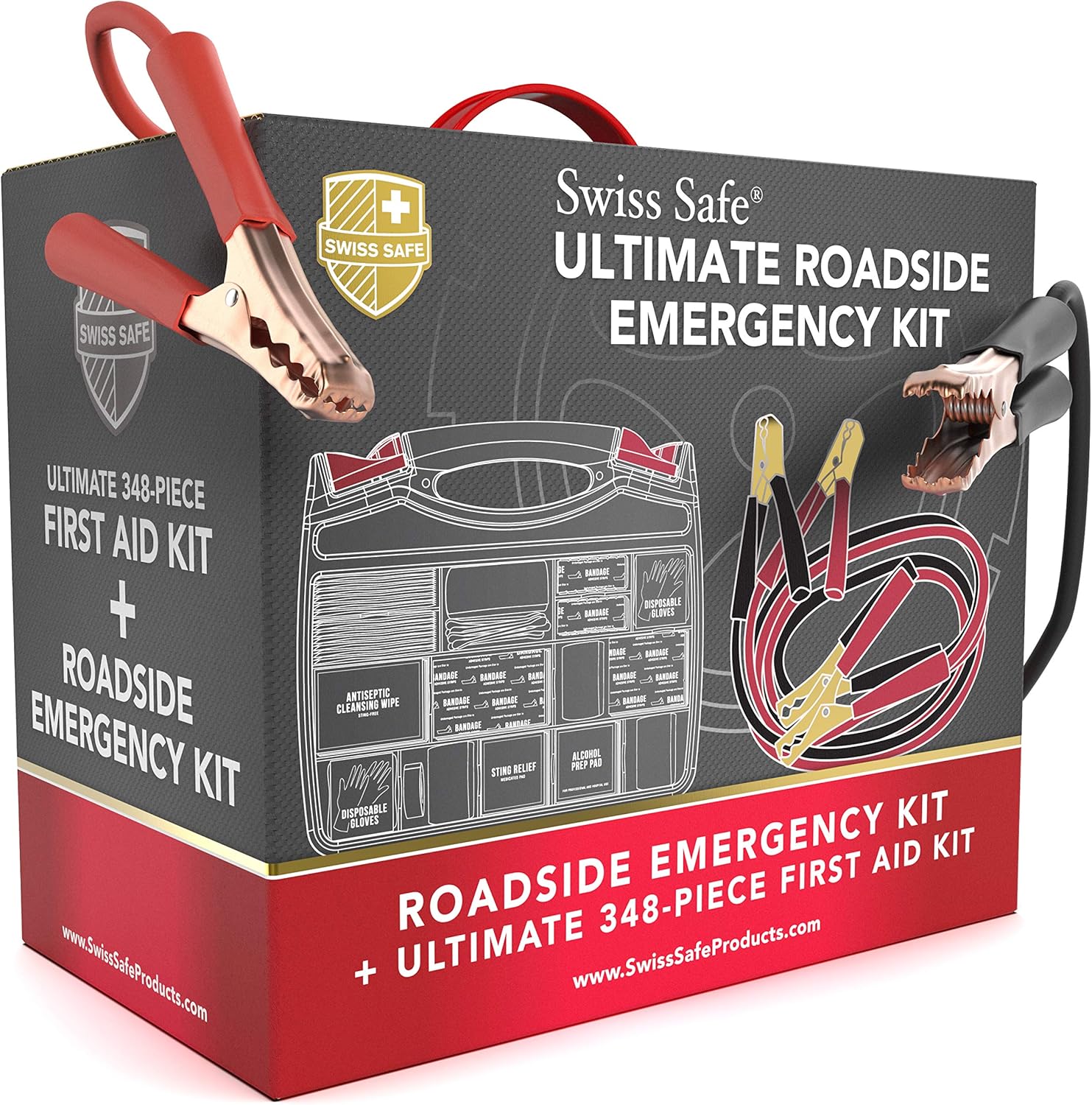 Swiss Safe Kit de emergencia 2 en 1 para vehículos  Kit de herramientas de seguridad compacto y portátil con bolsa de viaje + kit de primeros