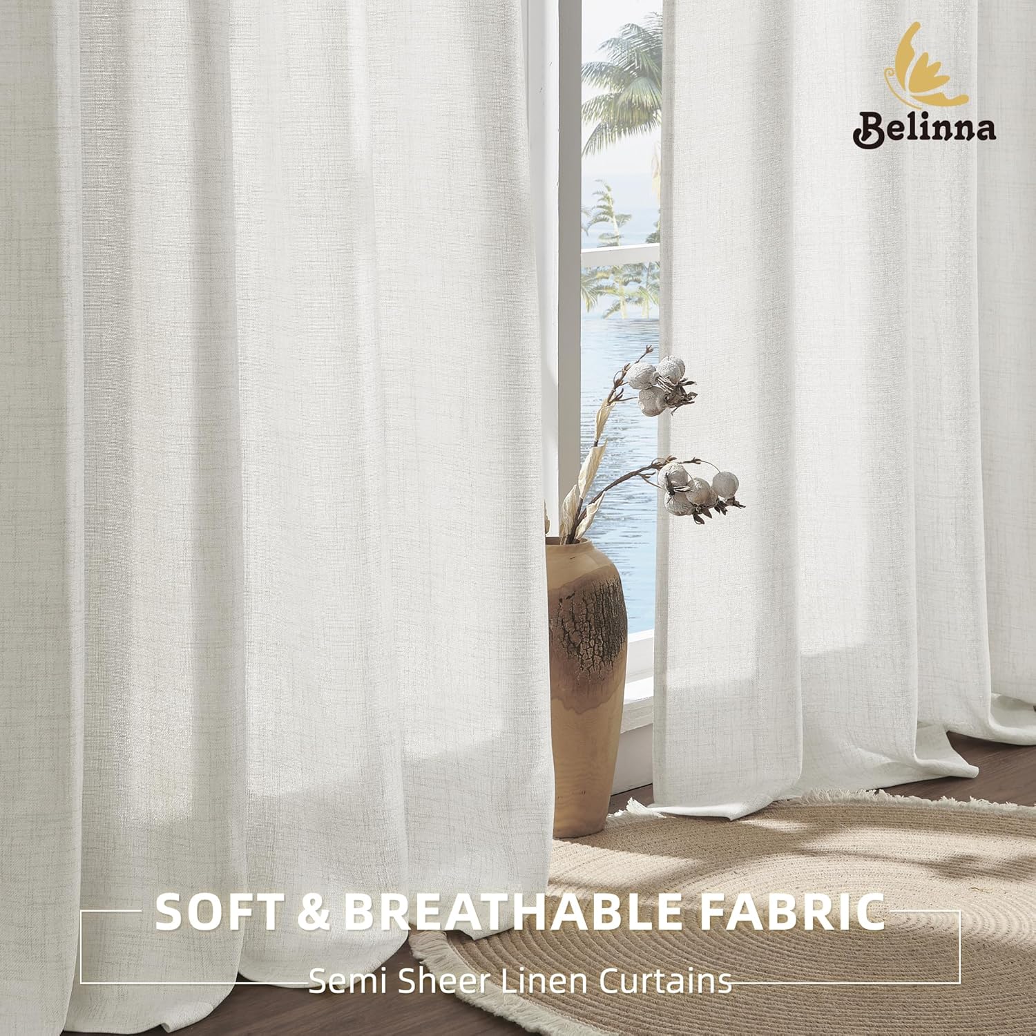 Cortinas de lino con pestaña trasera de 96 pulgadas de largo para sala de estar, cortinas semitransparentes para privacidad para dormitorio,