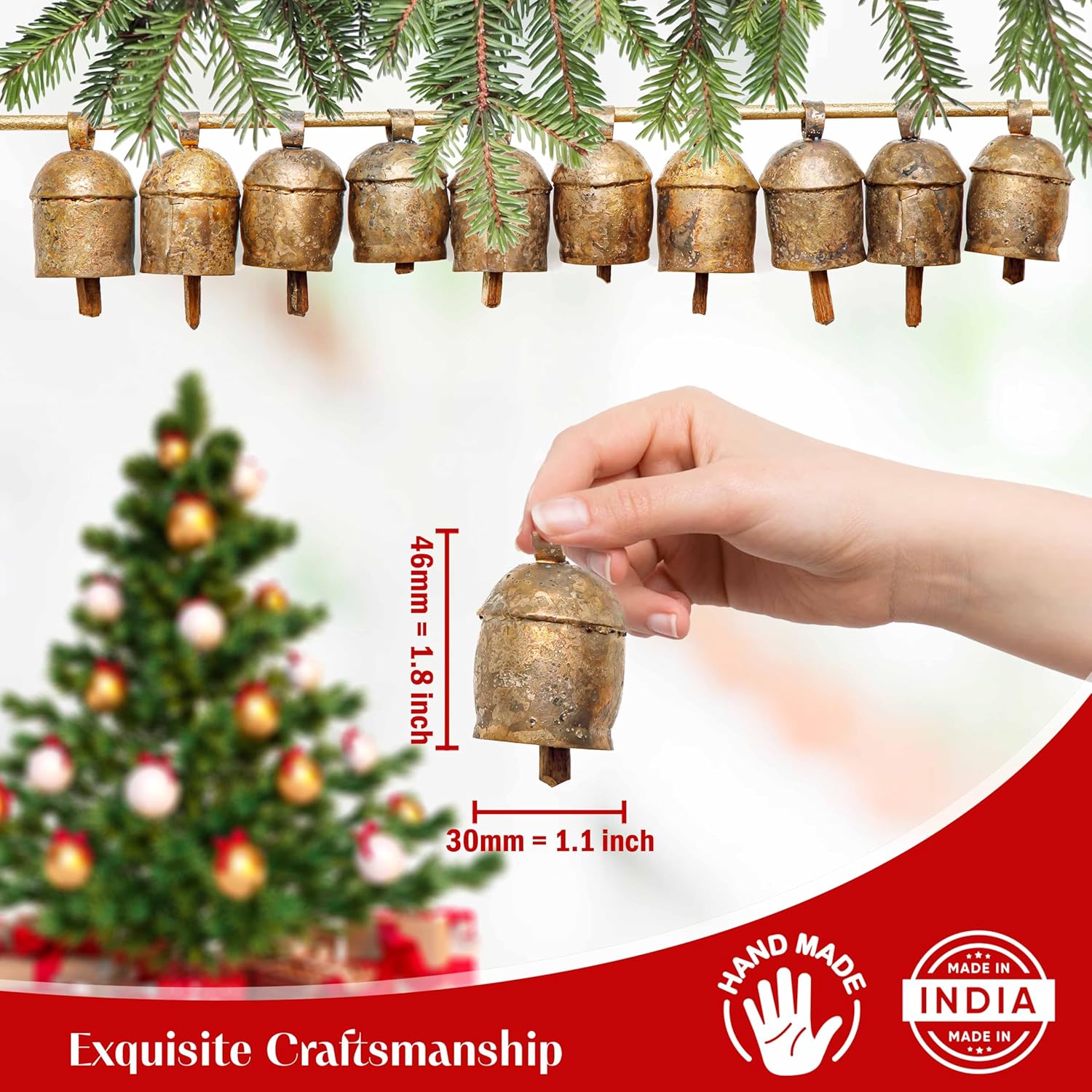 Akatva Campanas de Navidad para decoración  Campanas de vaca para decoración navideña rústica  Campanas doradas para decoraciones navideñas