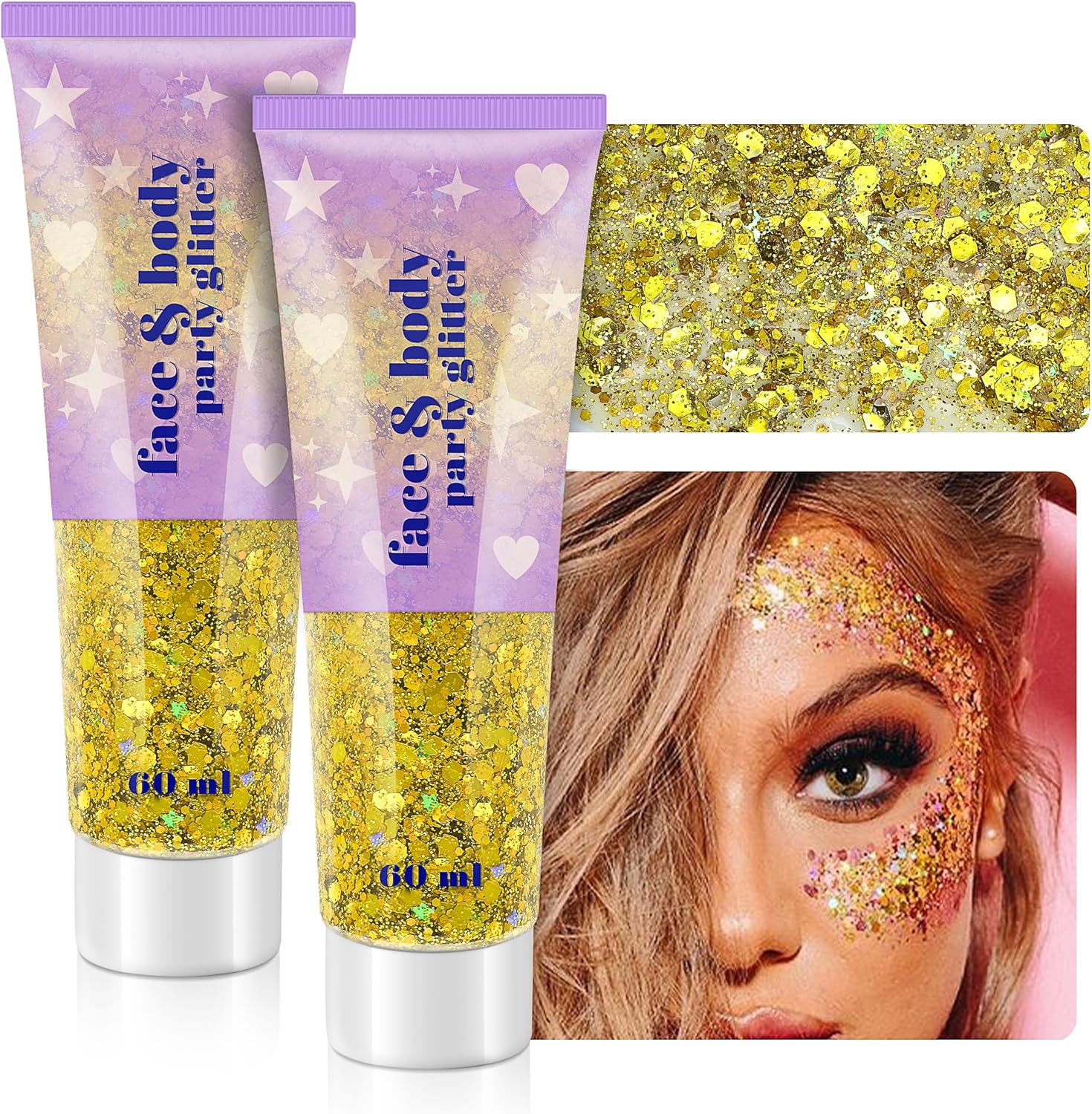 Gel de purpurina corporal, 2 frascos de gel con purpurina facial y lentejuelas para cabello, labios, sombra de ojos, uñas, gel de purpurina gruesa y