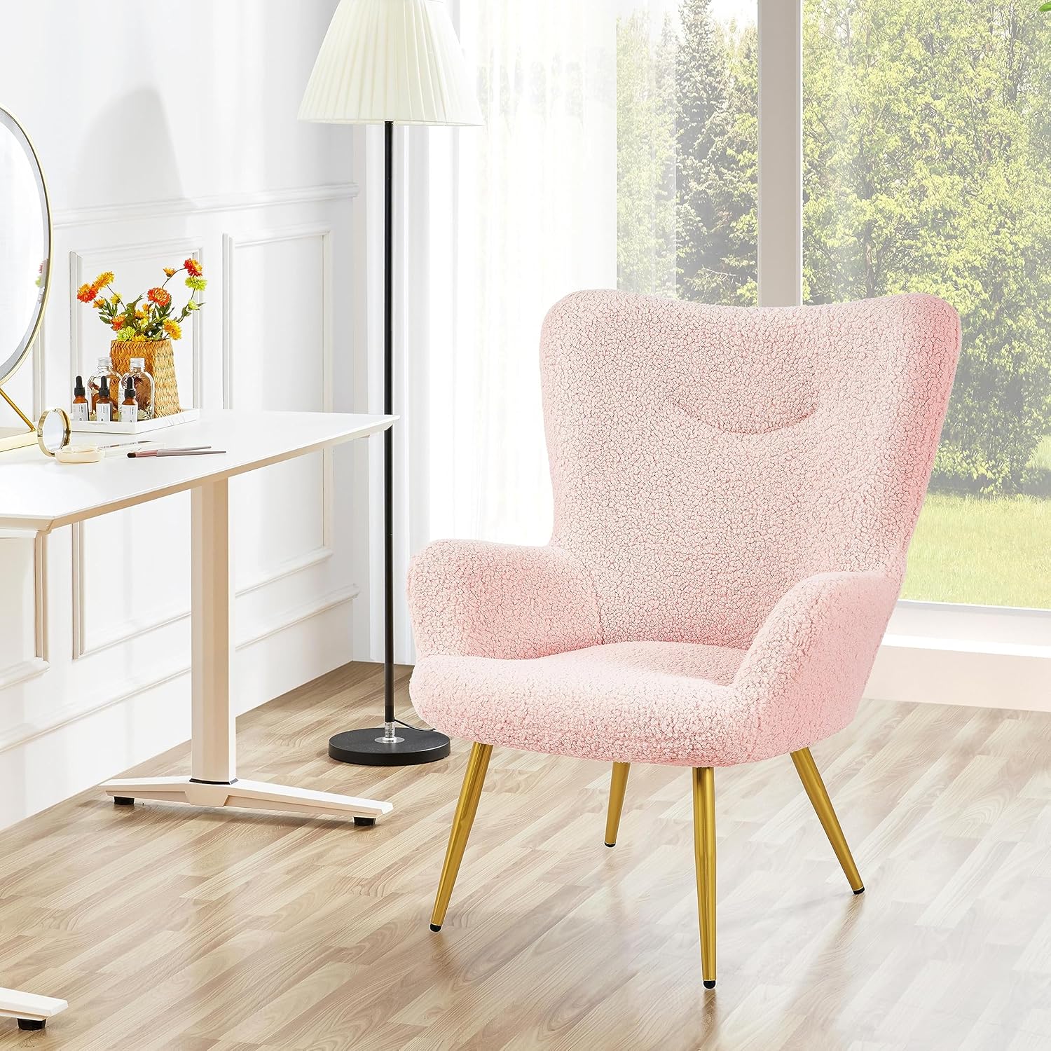 Yaheetech Silla de tocador moderna, silla decorativa de tela Boucle, sillón de felpa Sherpa con respaldo alto y acolchado suave, silla casual