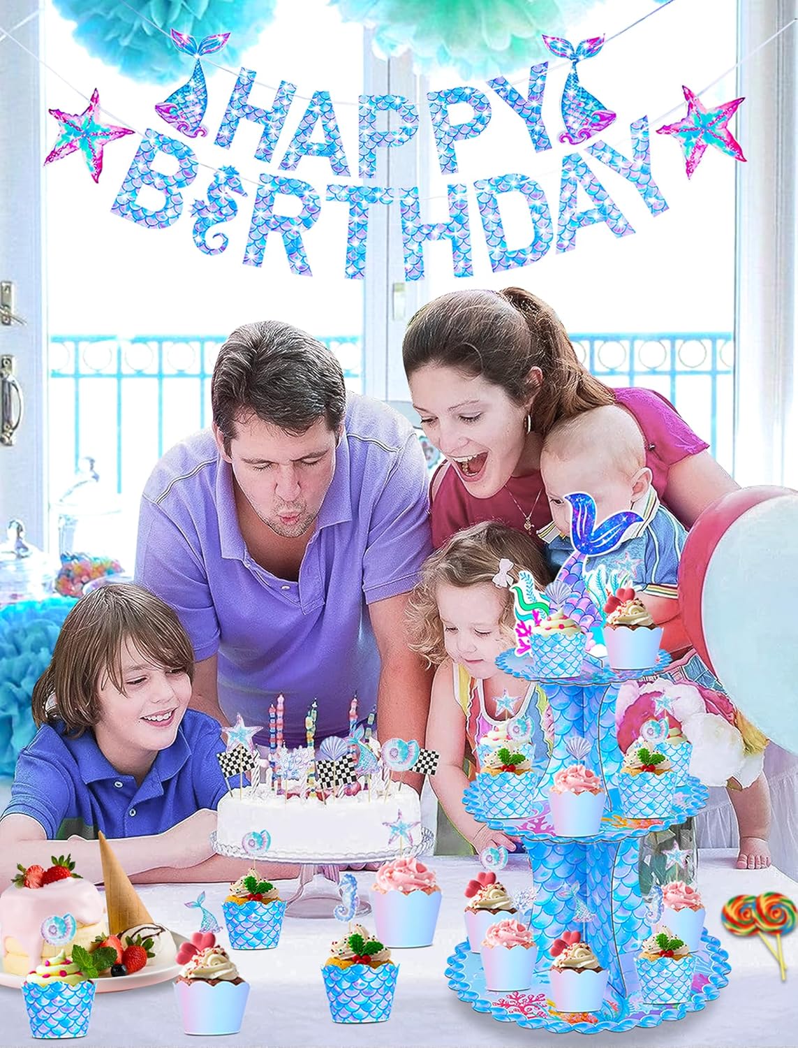 JroyJoy Soporte para cupcakes de sirena, 3 niveles con decoración de tartas y envoltorios de cupcakes y juego de pancartas de feliz cumpleaños,