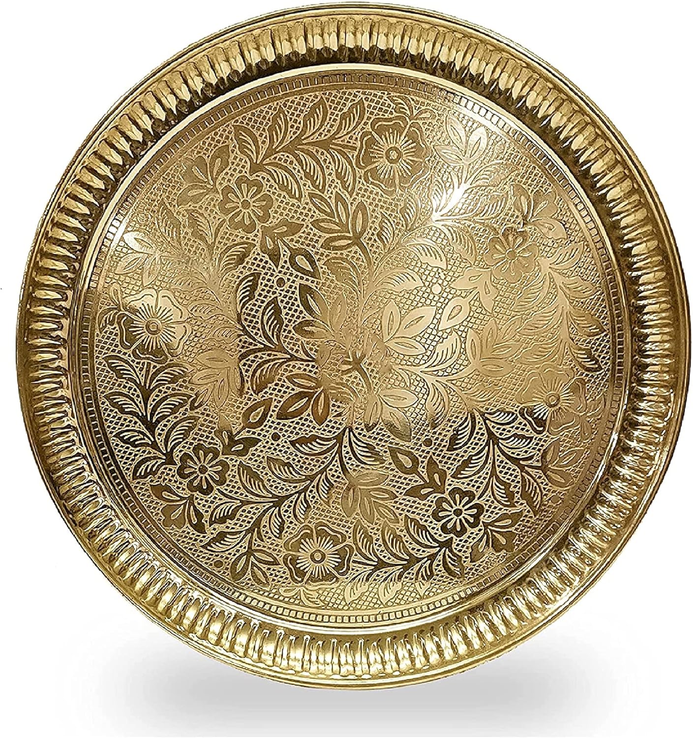 CRAFTSMAN 10 pulgadas de latón puro Nakshi diseño de flor en relieve Aarti Puja Nakashi Thali Plato Prasad Chandan Karwachauth Diwali Festival indio