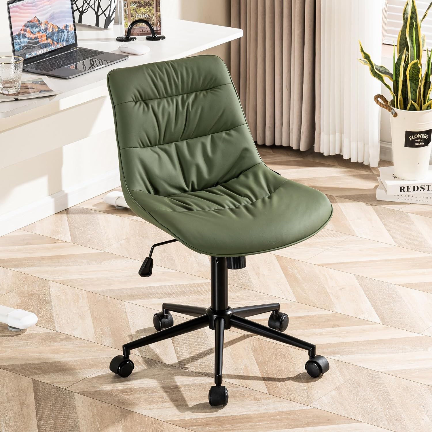 Kidol & Shellder Silla ergonómica de oficina con ruedas giratoria sin brazos, silla de escritorio de piel sintética, silla reclinable con respaldo