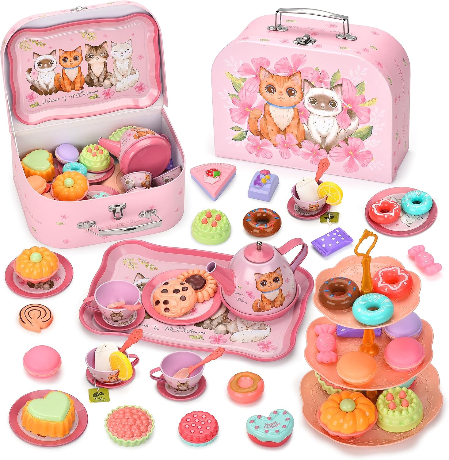 Flormoon Juego de té para niña, juego de té de princesa de 50 piezas, juguete de cocina de simulación, juguete de aprendizaje de formas y colores