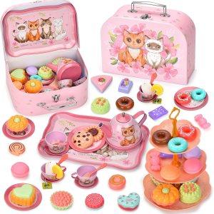 Flormoon Juego de té para niña, juego de té de princesa de 50 piezas, juguete de cocina de simulación, juguete de aprendizaje de formas y colores Flormoon Juego de té para niña, juego de té de princesa de 50 piezas, juguete de cocina de simulación, juguete de aprendizaje de formas y colores