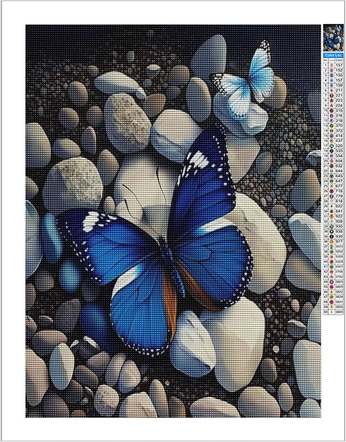 Treff Juego de pintura de diamantes, mariposas y piedras azules y blancas, juego de arte de diamantes 5D para bricolaje, pintura de diamante redondo