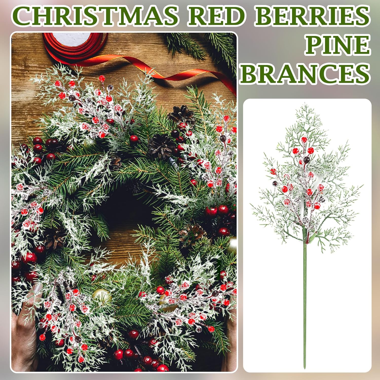Yinder 24 piezas de bayas rojas de Navidad de 17 pulgadas nevadas artificiales esmeriladas bayas rojas de acebo picas de cedro, tallos de pino,