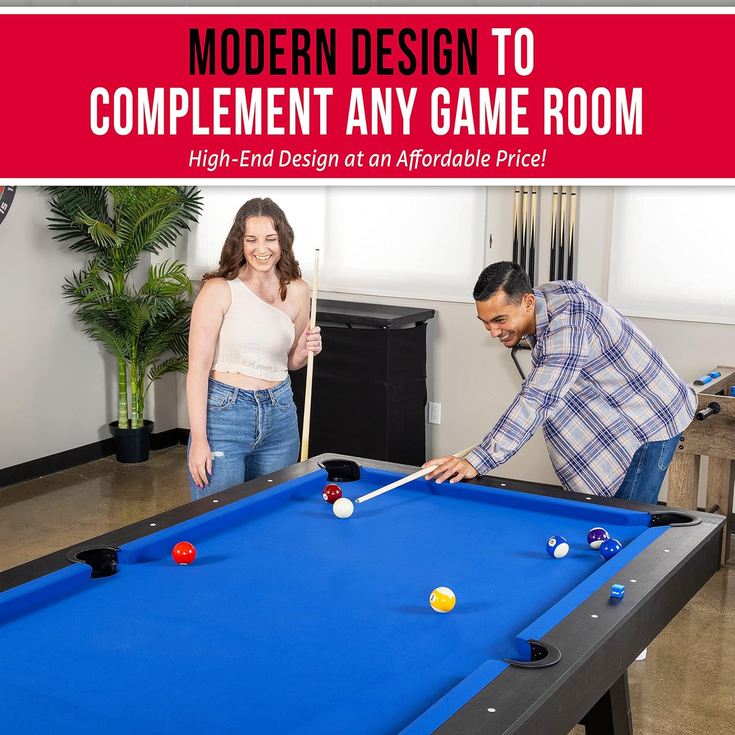 GoSports 8 ft Pool Table with Wood Finish – Modern Billiards Table with 2 Cue Sticks, Balls, Rack, Felt Brush and Chalk