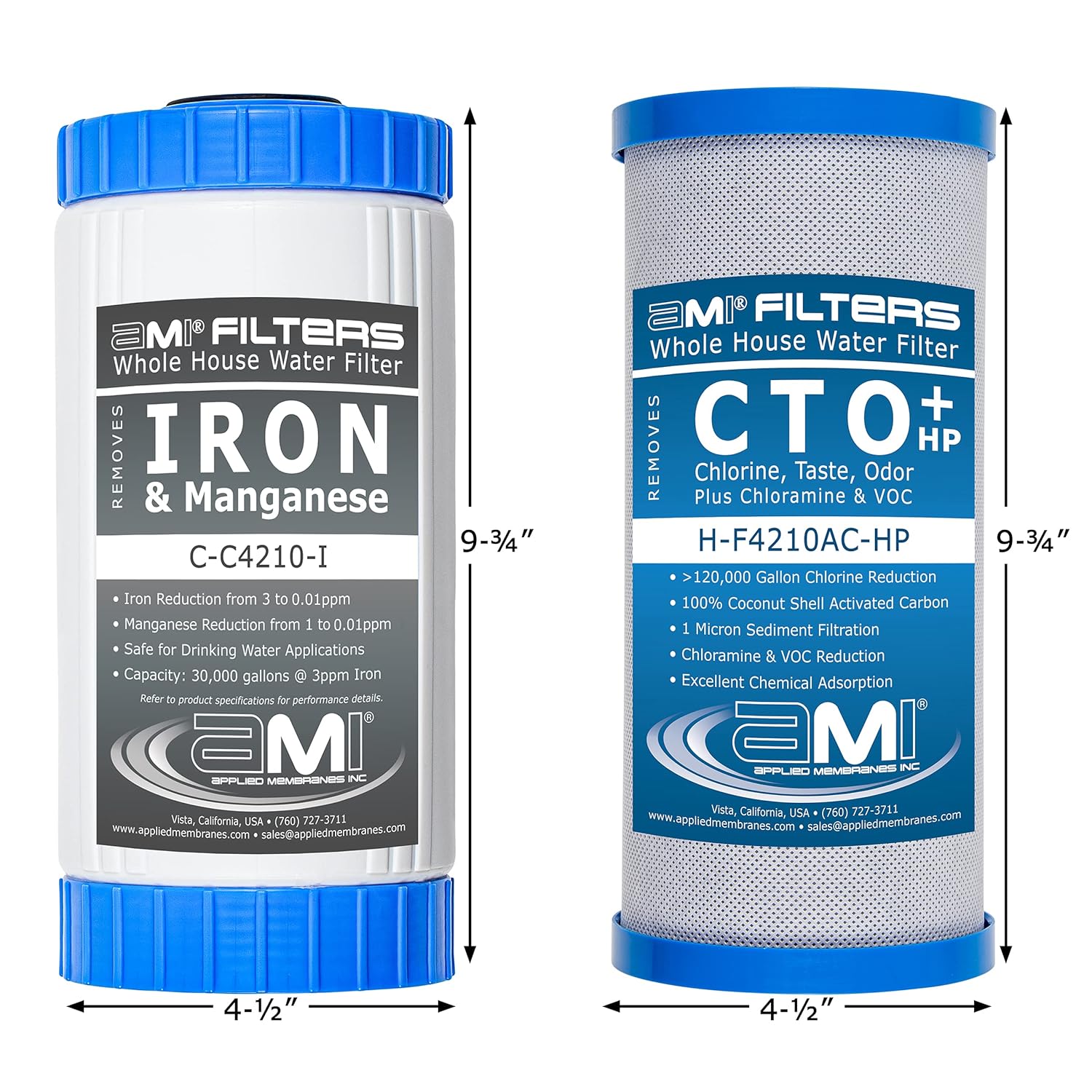APPLIED MEMBRANES INC. Juego de cartuchos de filtro de repuesto para filtro de agua para toda la casa para reducción de hierro, 2 filtros de carbono