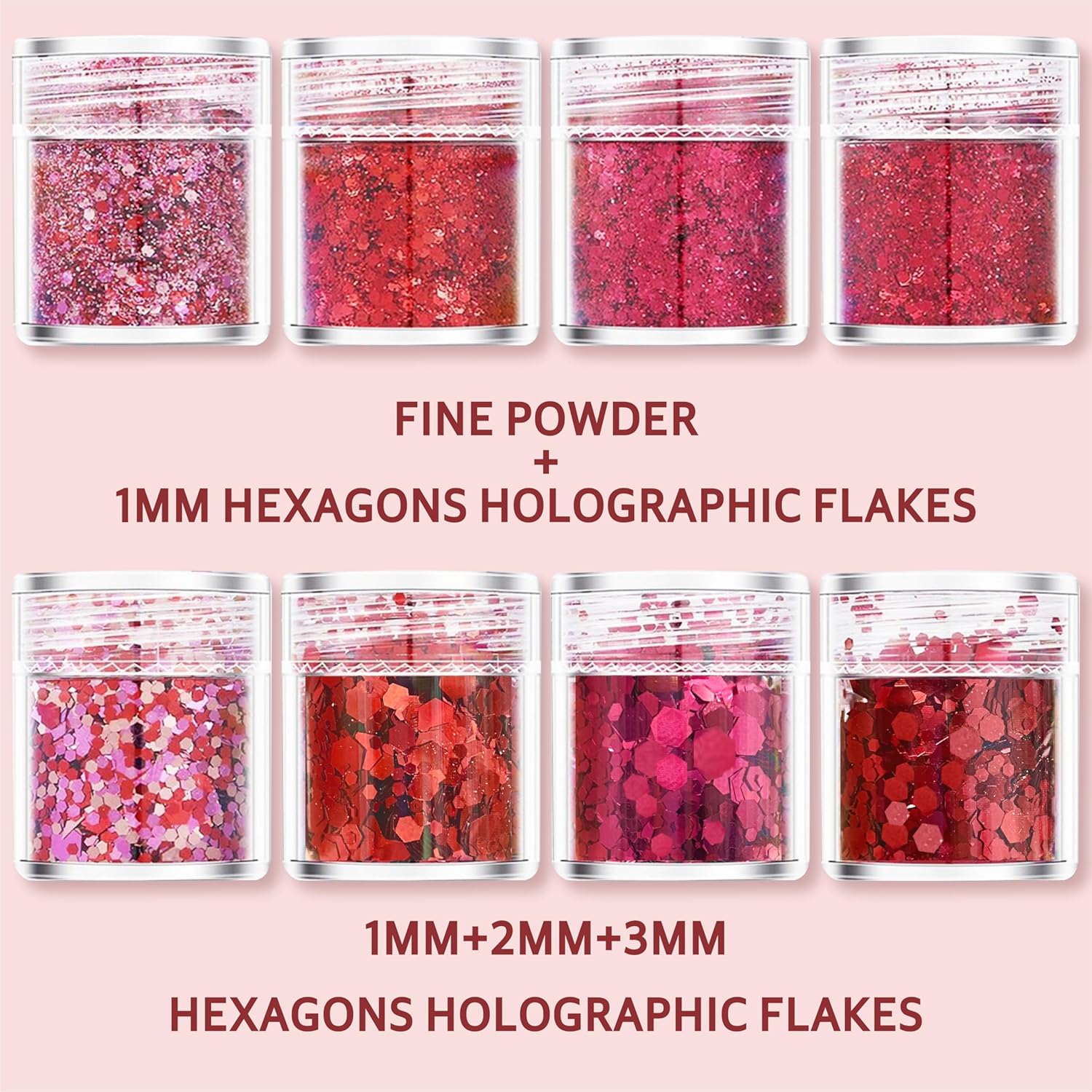 GABOX Juego de 8 frascos de purpurina gruesa cosmética roja rubí, polvo fino holográfico de resina de uñas + 0.039 in+0.079 in + 0.118 in, juego de