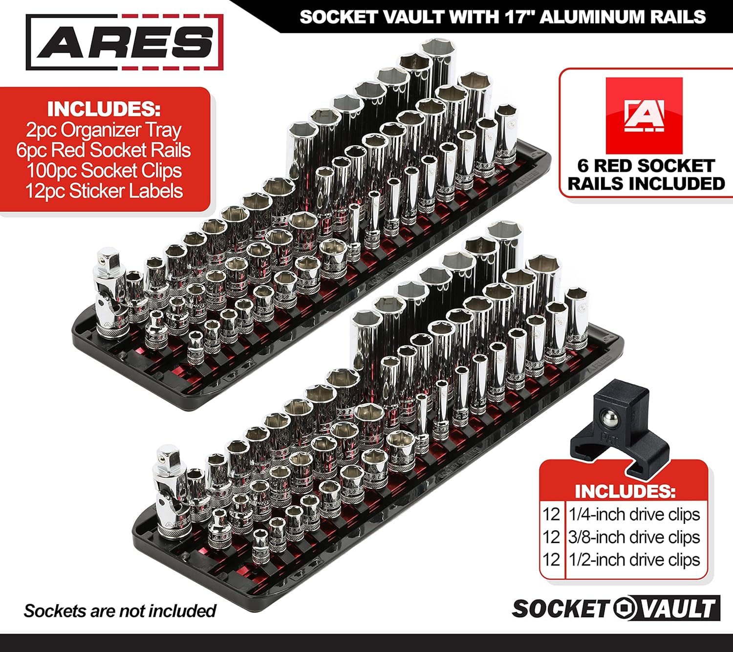 ARES 60147 – Juego de 2 organizadores de enchufes SOCKET VAULT – Juego de 6 rieles rojos de 17 pulgadas con 2 bandejas organizadoras de plástico