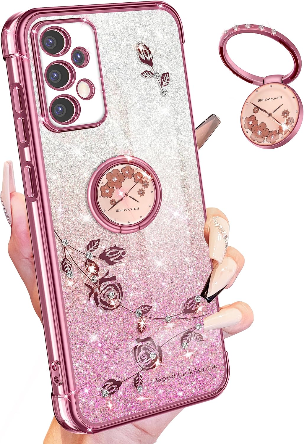Coralogo Funda 3 en 1 para teléfono Samsung Galaxy A53 5G con purpurina brillante para mujeres y niñas, cubierta brillante con bonito diseño floral