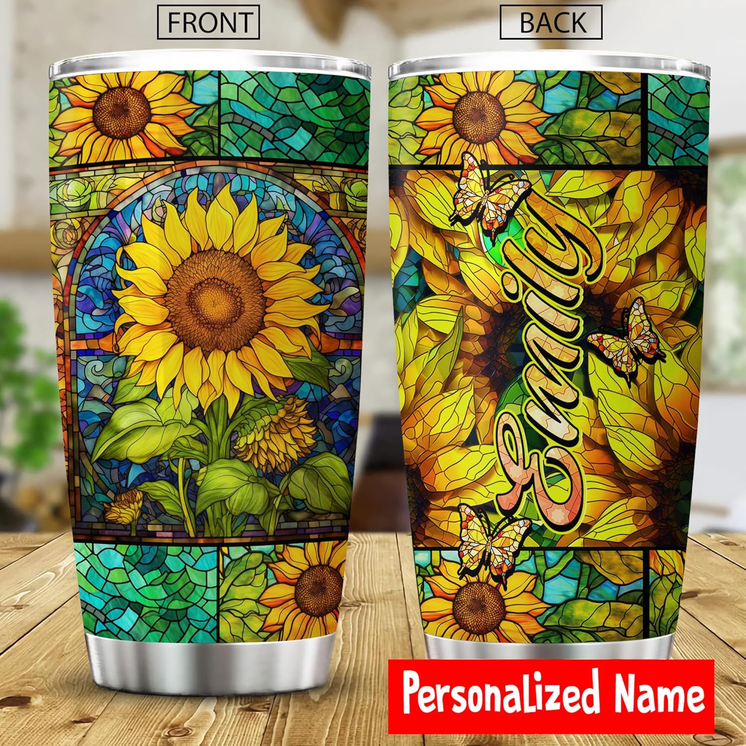 La Fonte Vaso de girasol personalizado, vaso temático de vidrieras de girasol, taza de café para amantes de los girasoles, taza de viaje de girasol,