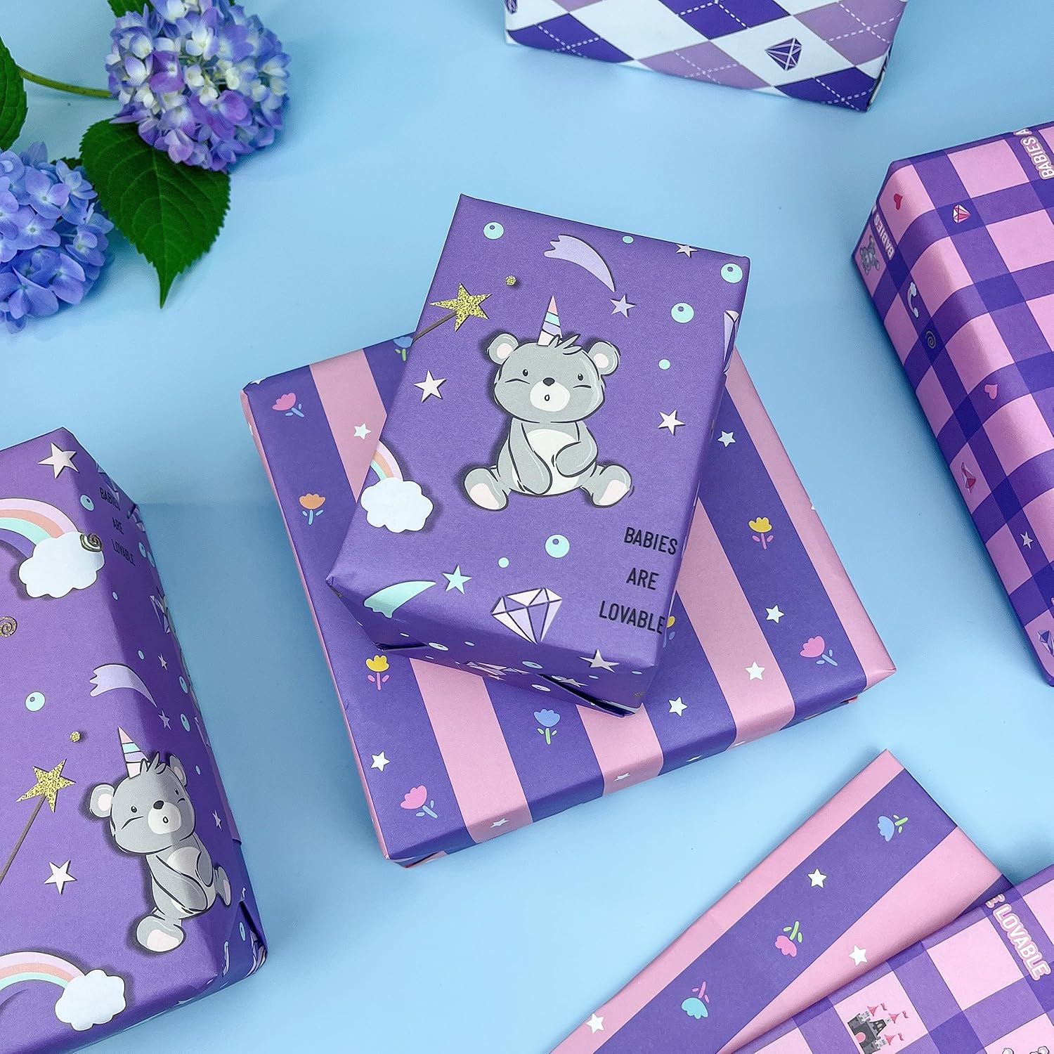Dtiafu Papel de regalo para bebé, 10 hojas de papel de regalo morado y rosa para baby shower, cumpleaños, baby shower, oso, diamante, arco
