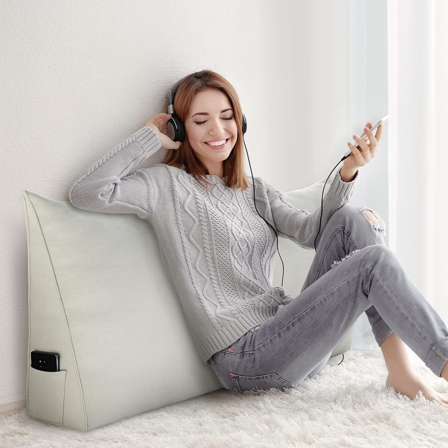 Johnear Almohada triangular para cabecero, almohada de cuña de algodón y lino, almohada grande para respaldo de lectura para sofá cama, soporte