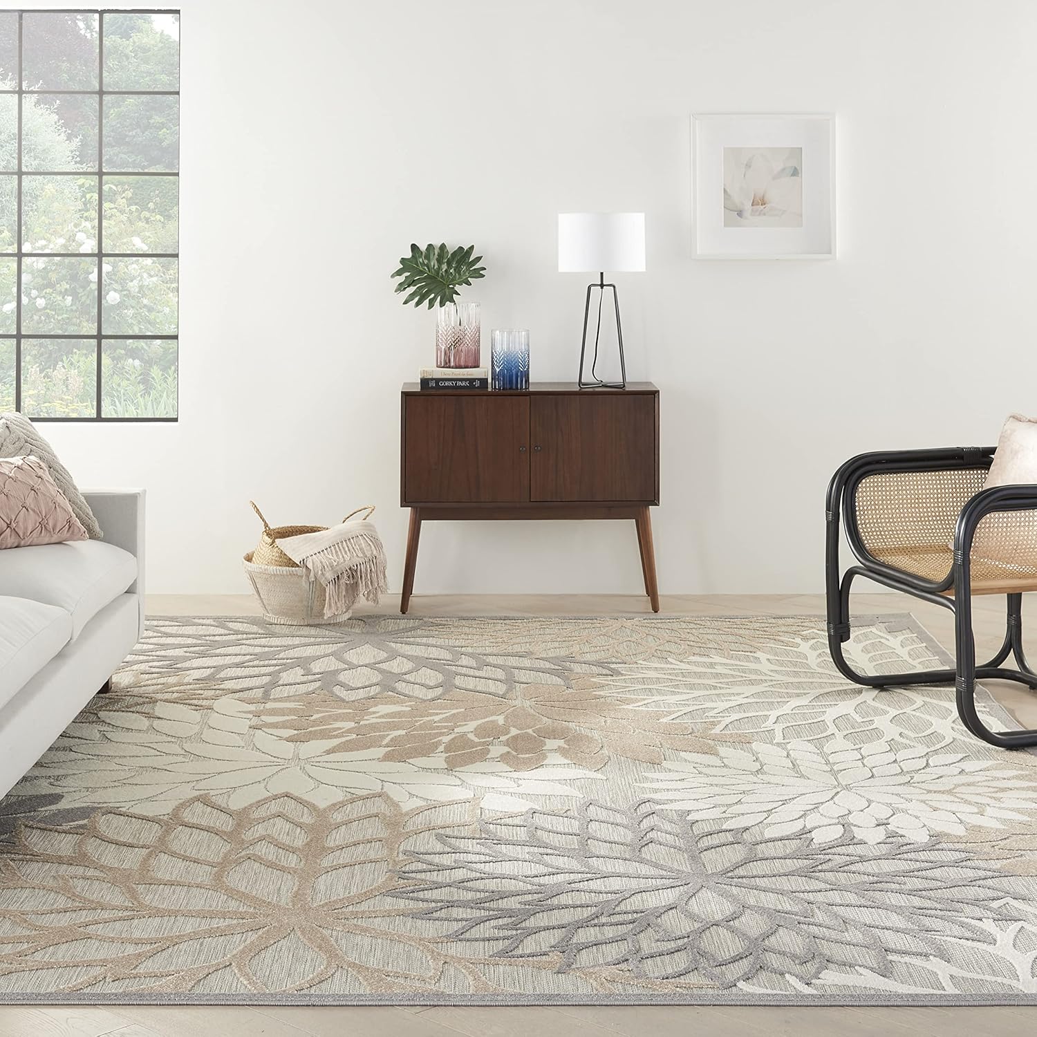 Nourison Aloha Tapete de color natural para interior o exterior, 10 x 14 pies, tropical, botánico, fácil de limpiar, no desprende pelo, para