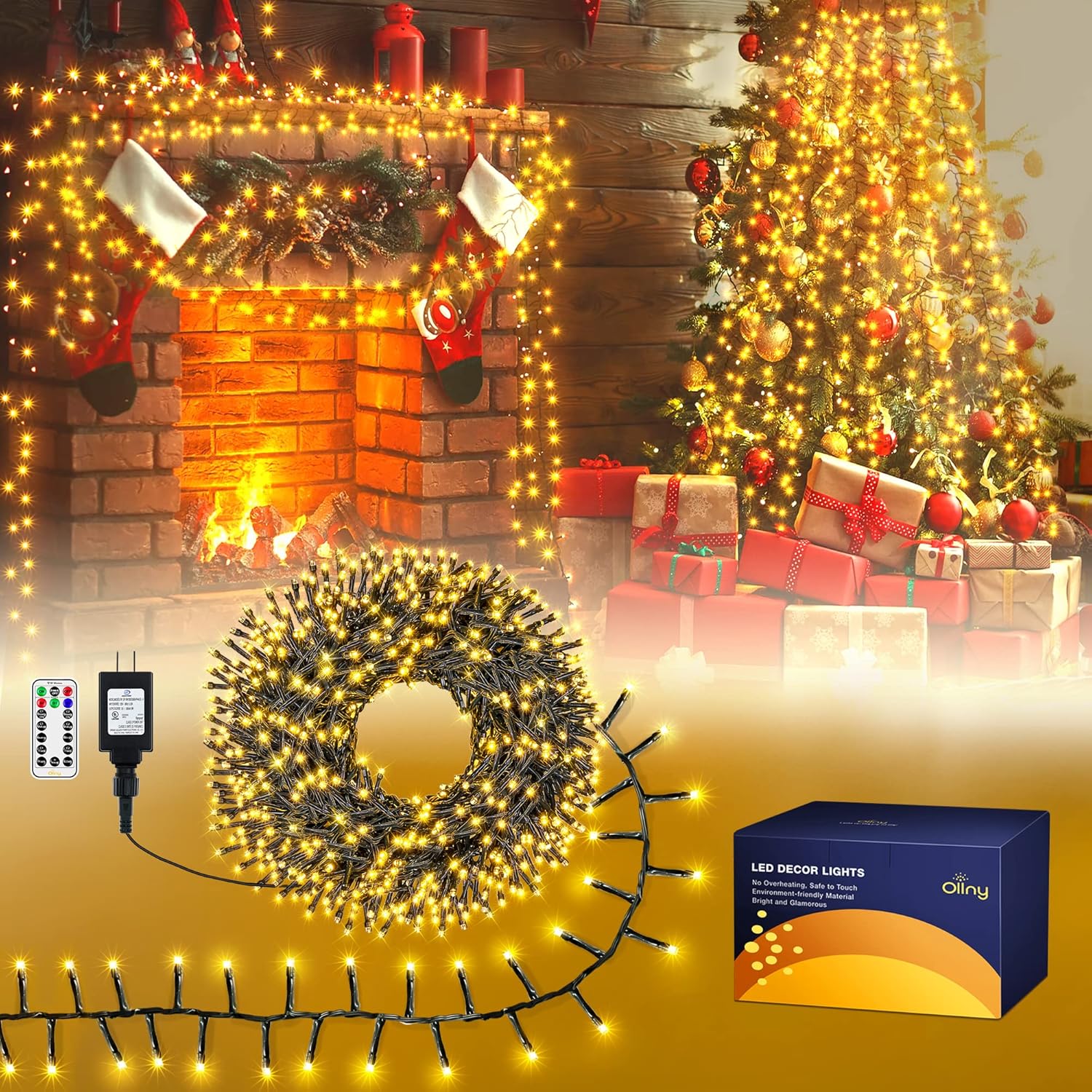 Ollny Luces en racimo para árbol de Navidad, 400 luces LED de Navidad blancas cálidas de 20 pies, 8 modos de temporizador, control remoto, cadena de