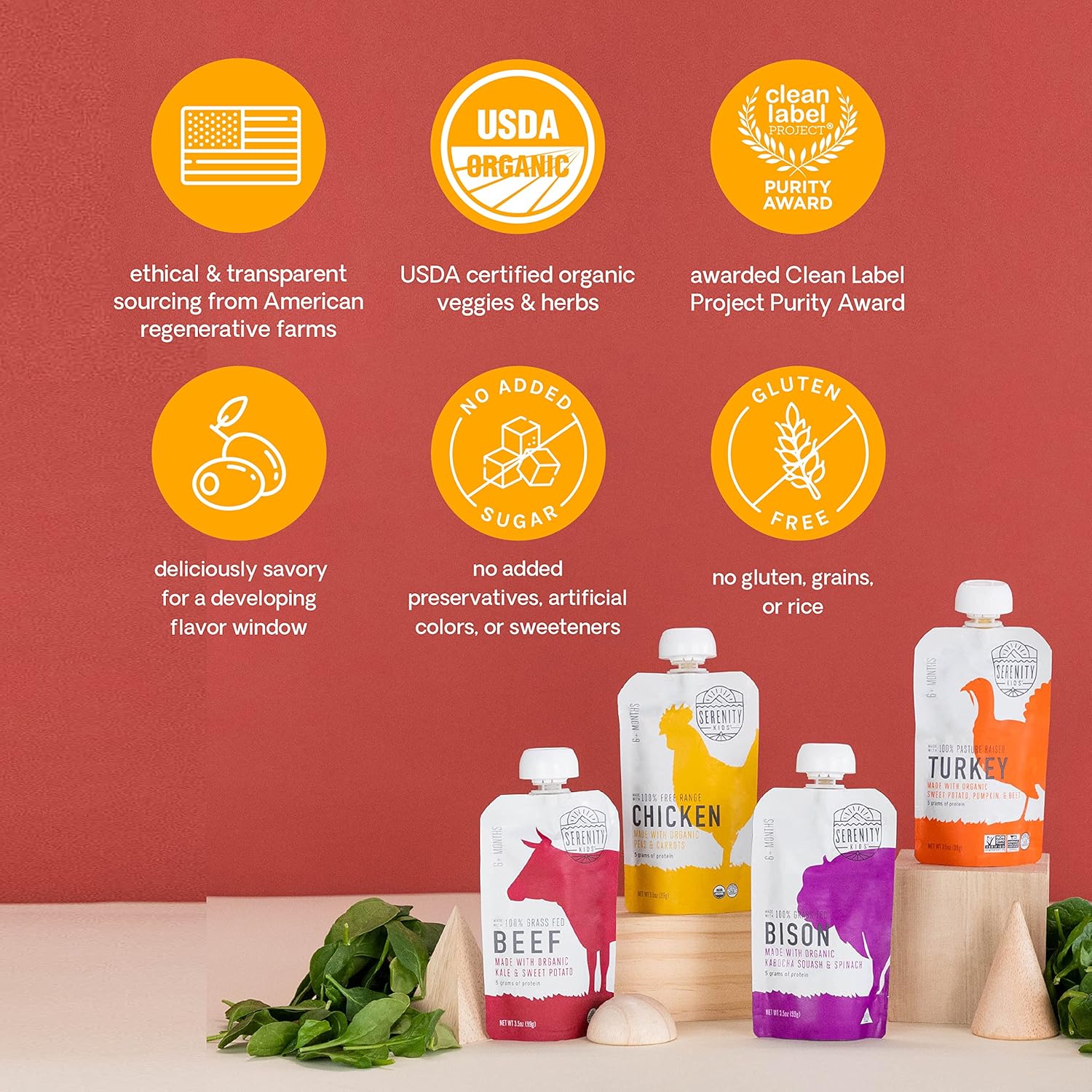 Serenity Kids Paquete de 6 meses de muestras de proteínas para alimentos para bebés  Carne de res, bisonte, pollo, pavo, salmón (20 unidades)