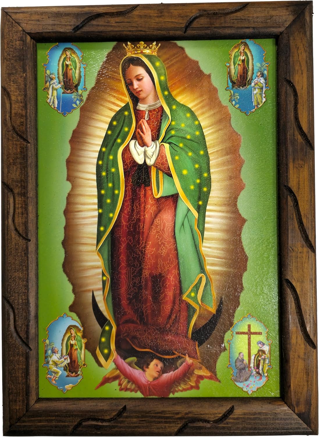 Mrcjsales imagen de Nuestra Señora de Guadalupe con imágenes en la esquina en marco rústico, pintura al óleo, 24 x 36 pulgadas, 13 x 18 pulgadas, 10