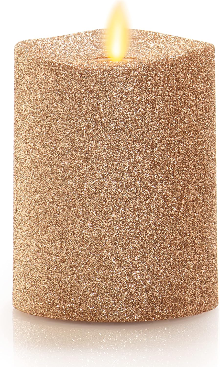 Luminara Vela de purpurina metálica dorada con llama artificial realista (3 x 4 pulgadas) con llama móvil, funciona con pilas, sin perfume, control
