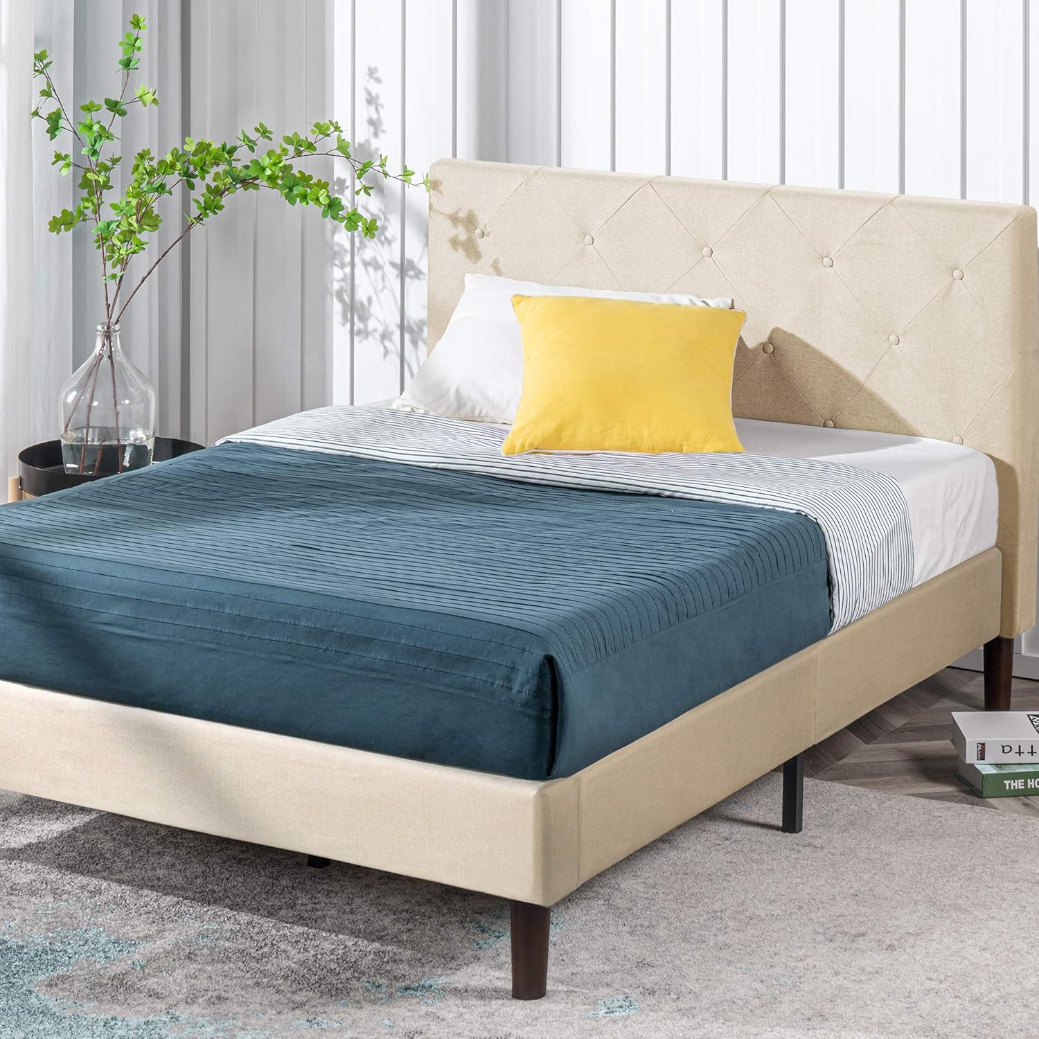ZINUS Shalini – Base de cama tapizada con plataforma, base de colchón, soporte de listones de madera, no necesita somier, fácil montaje, color