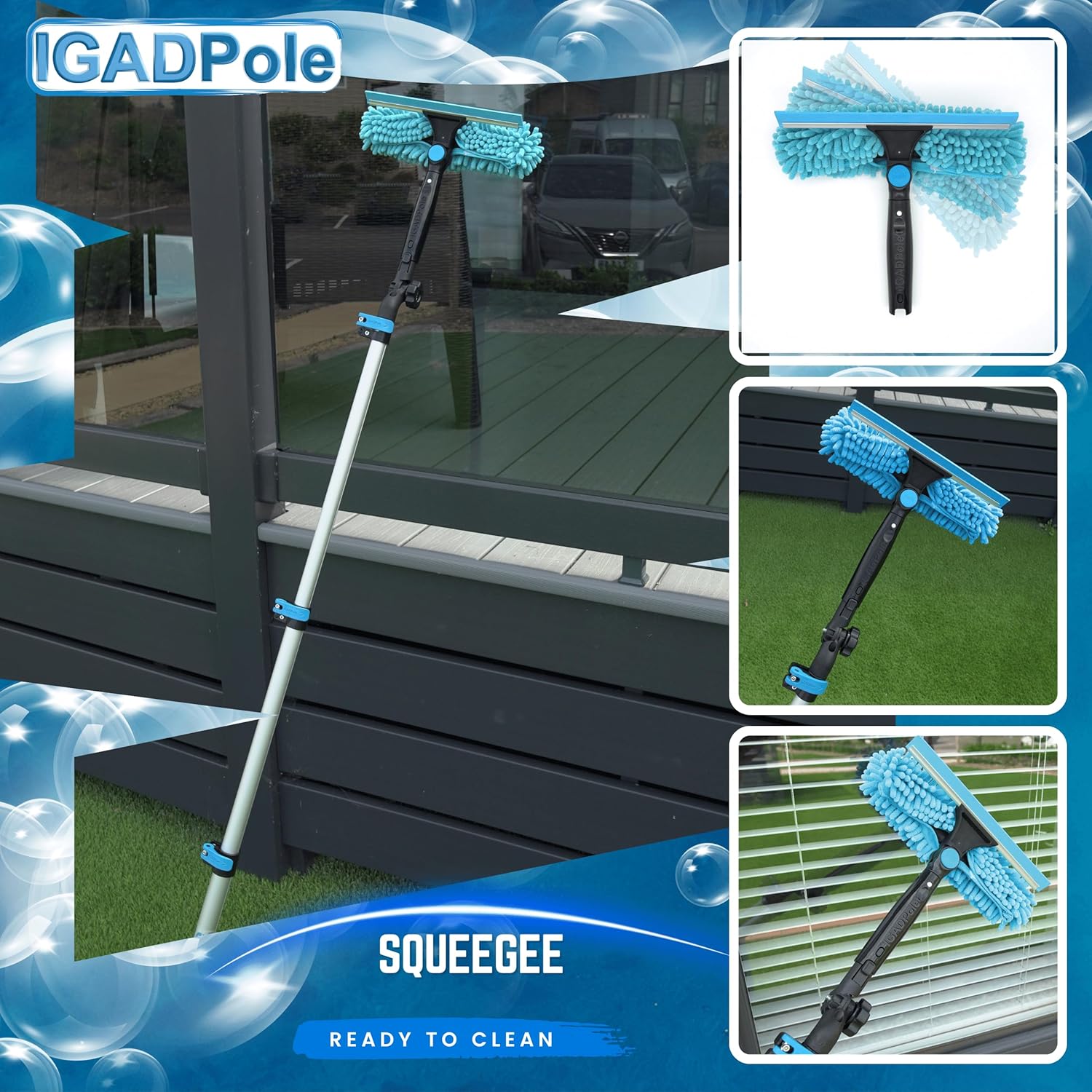 Escobilla de mango largo IGADPole de 24 pies kit profesional de limpieza de ventanas con poste de extensión de aluminio de 24 pies, adecuado para