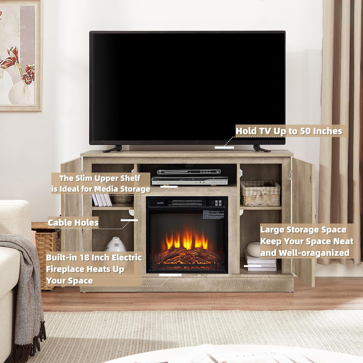Chimenea eléctrica, soporte de TV de granja con chimenea, centro de entretenimiento de TV de 47 pulgadas con chimenea y puerta de granero para TV de