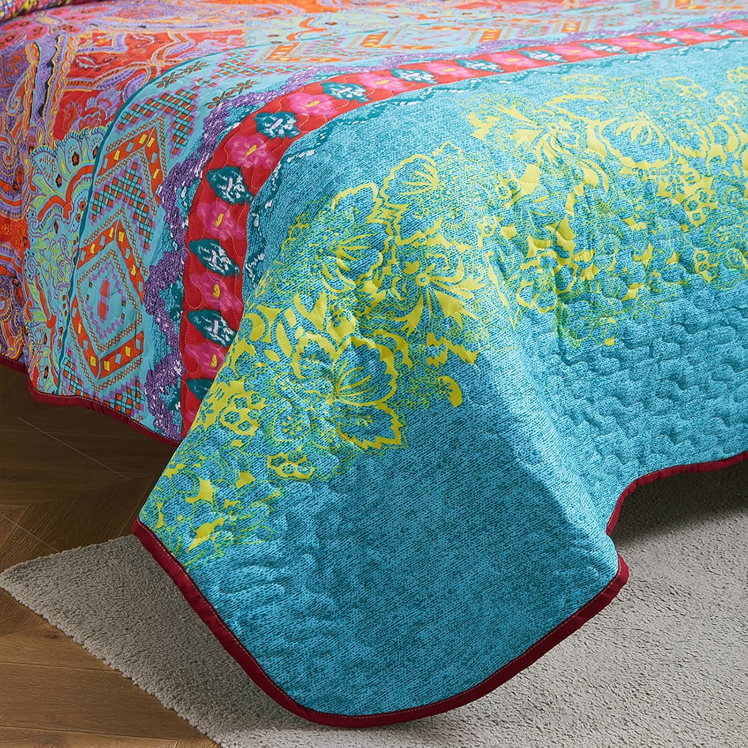 8HMOON Juego de edredón bohemio tamaño King, suave, bohemio, estampado floral, colcha de verano, colcha de microfibra ligera, reversible, colorido,