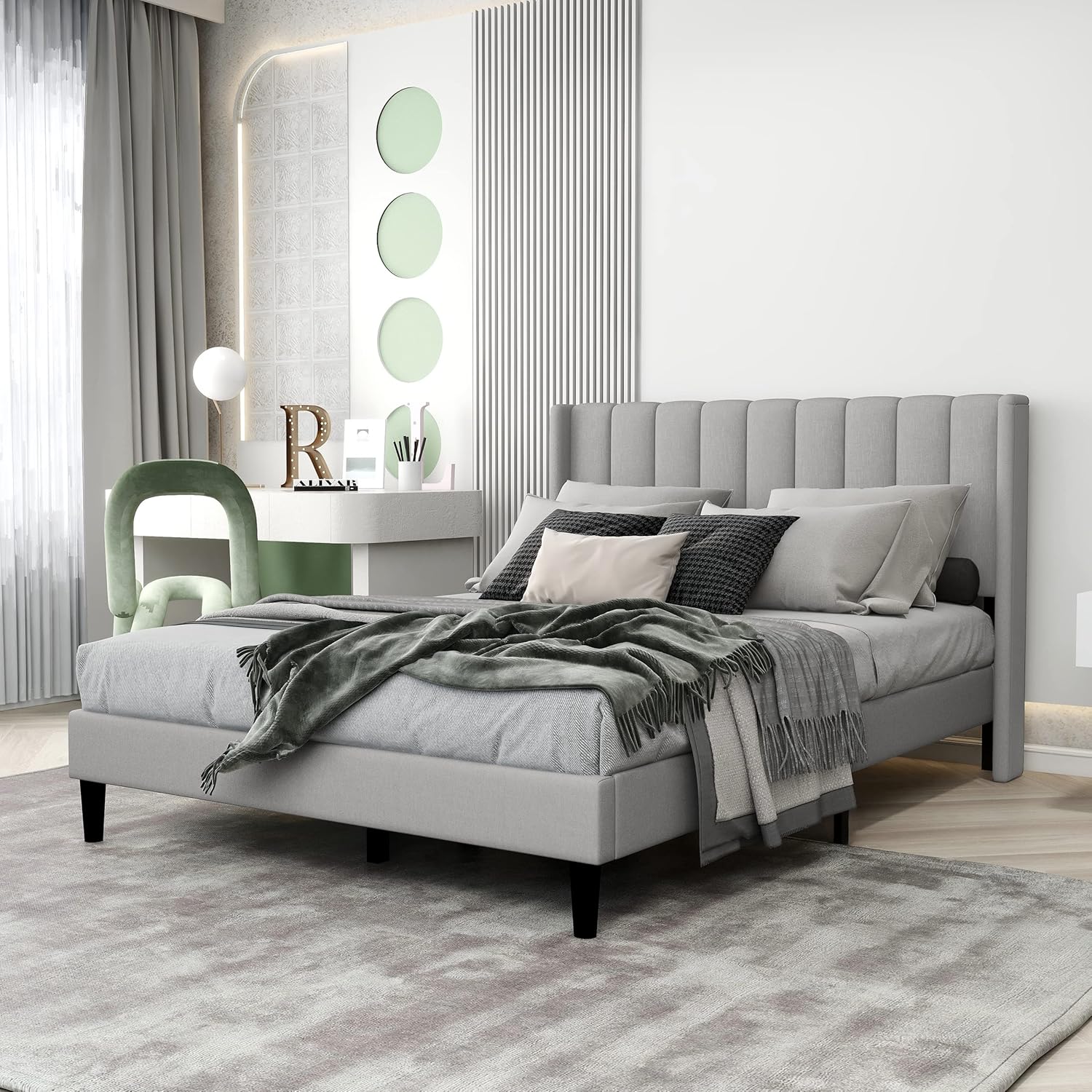 Base de cama tapizada tamaño matrimonial con cabecera con respaldo de ala, no necesita somier, soporte de listones de madera, fácil montaje, gris