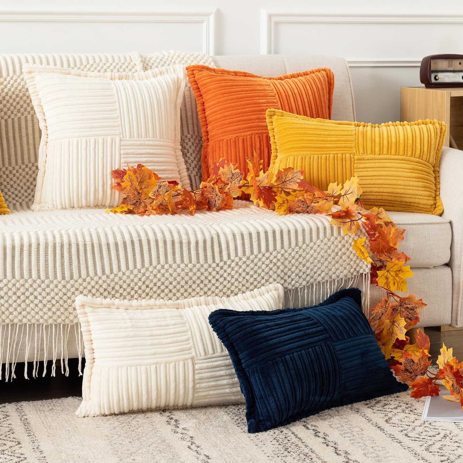 UGASA – Juego de 2 fundas de almohada de pana súper suave con textura de rayas para otoño, fundas de cojín decorativas con costado ancho para casa