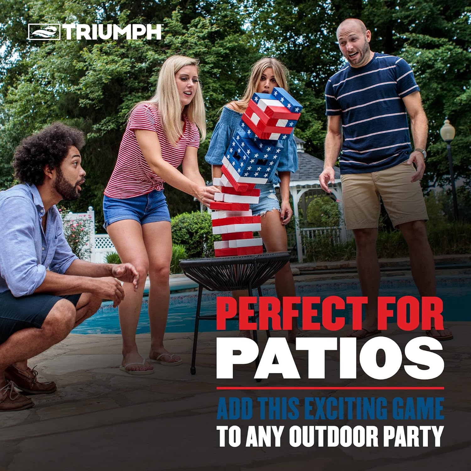 Triumph Sports Torre patriótica grande, perfecta para fiestas y reuniones al aire libre, incluye 54 bloques de madera de 6 x 2 x 1.25 pulgadas y una
