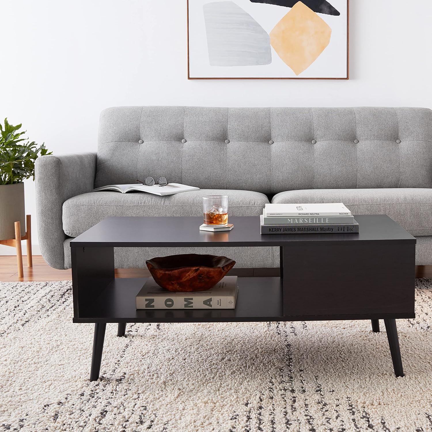 Furinno Claude – Mesa de centro estilo mediados de siglo con patas de madera, color espresso grande sin elevación