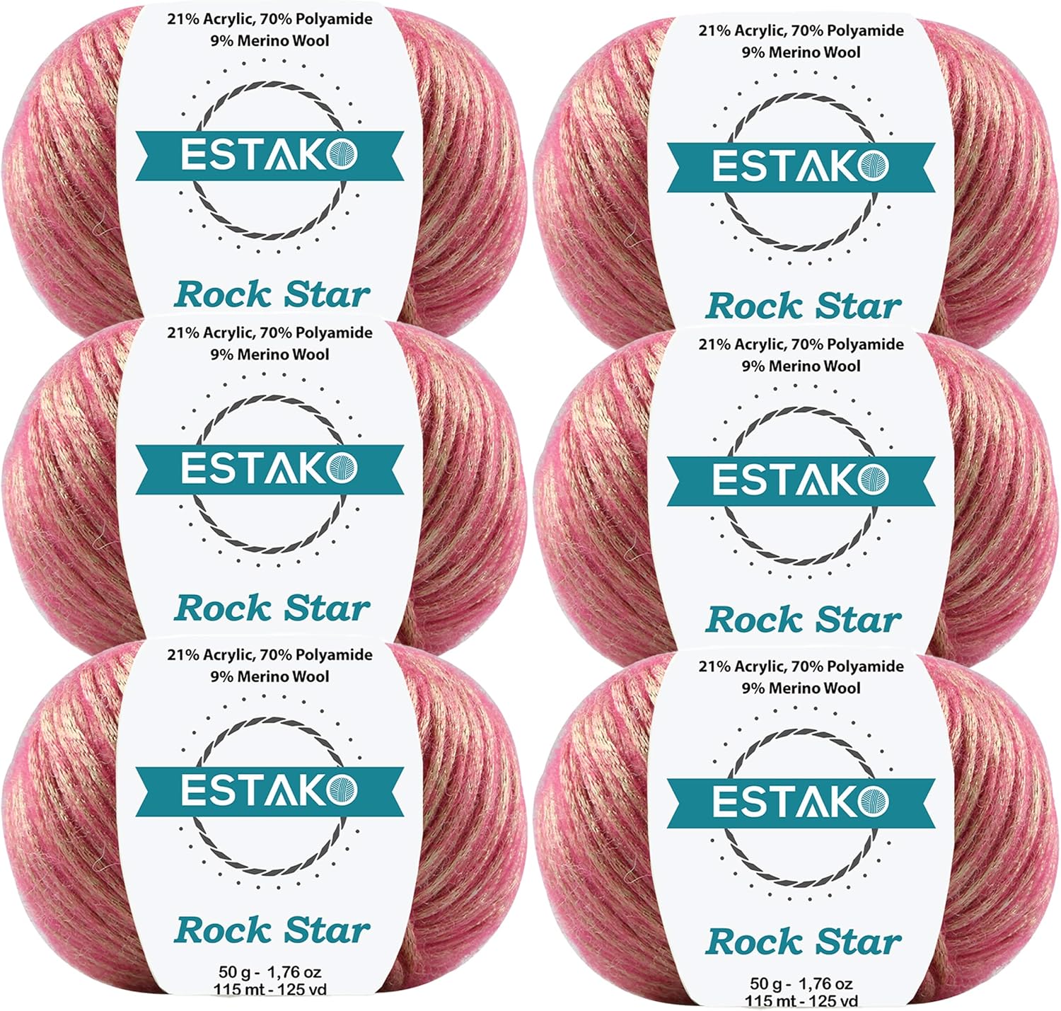 Estako Rock Star (paquete de 6 madejas) 9% lana merina, 70% poliamida, 21% acrílico ligero, hilo de ganchillo ligero DK (6 x 1.76 onzas) (6 x 125