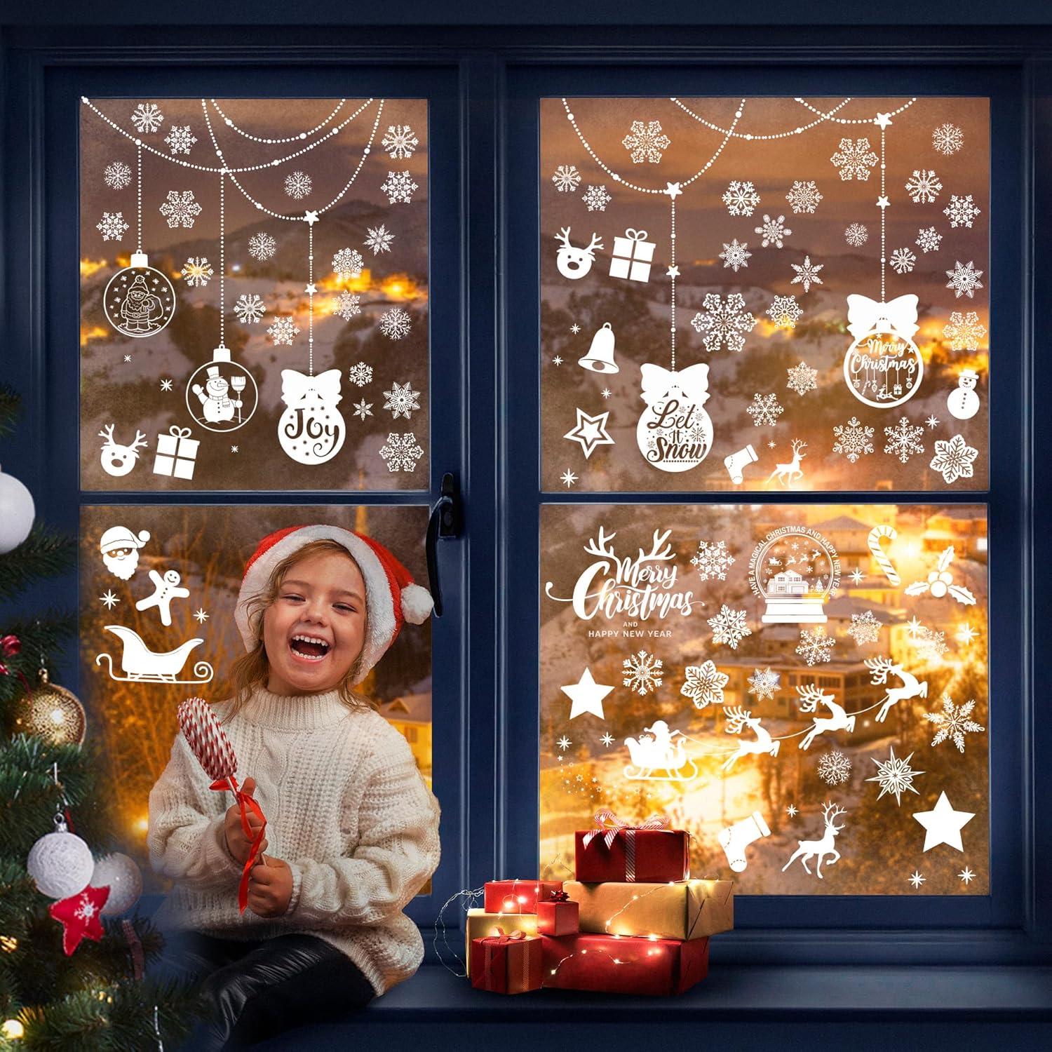 Pegatinas de Navidad para ventanas de nieve, calcomanías para decoración de ventanas de vidrio, decoraciones de Navidad, copos de nieve, Santa