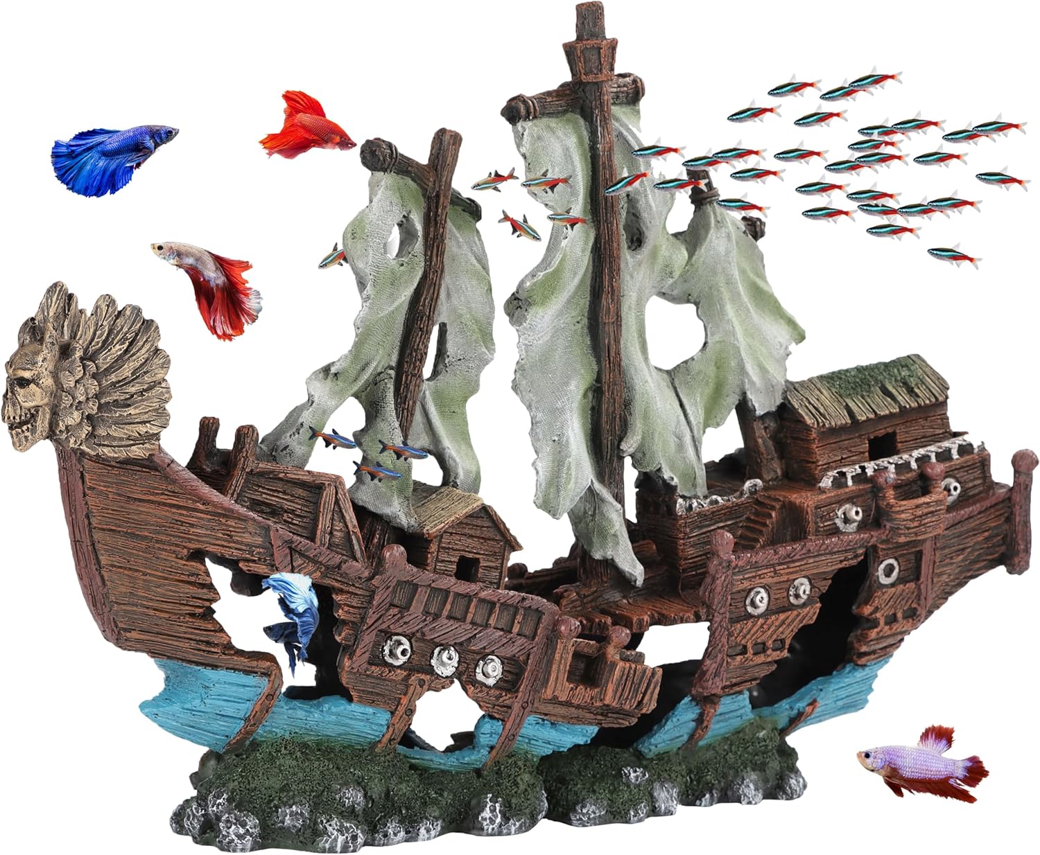 Adorno de acuario de naufragio grande con vela (2 piezas) de 20 galones de alto y más grande, adornos de decoración de barco hundido, barco pirata,