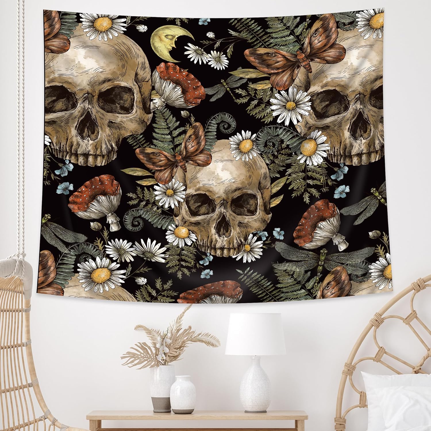 AMBZEK Tapiz de calavera de azúcar, 51 pulgadas de alto x 59 pulgadas de ancho, esqueleto gótico gótico de Halloween, vintage, margarita, hojas