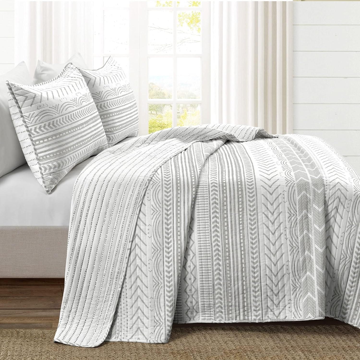 Lush Decor Hygge – Juego de ropa de cama de 3 piezas con diseño a rayas, tamaño matrimonialqueen, marfil