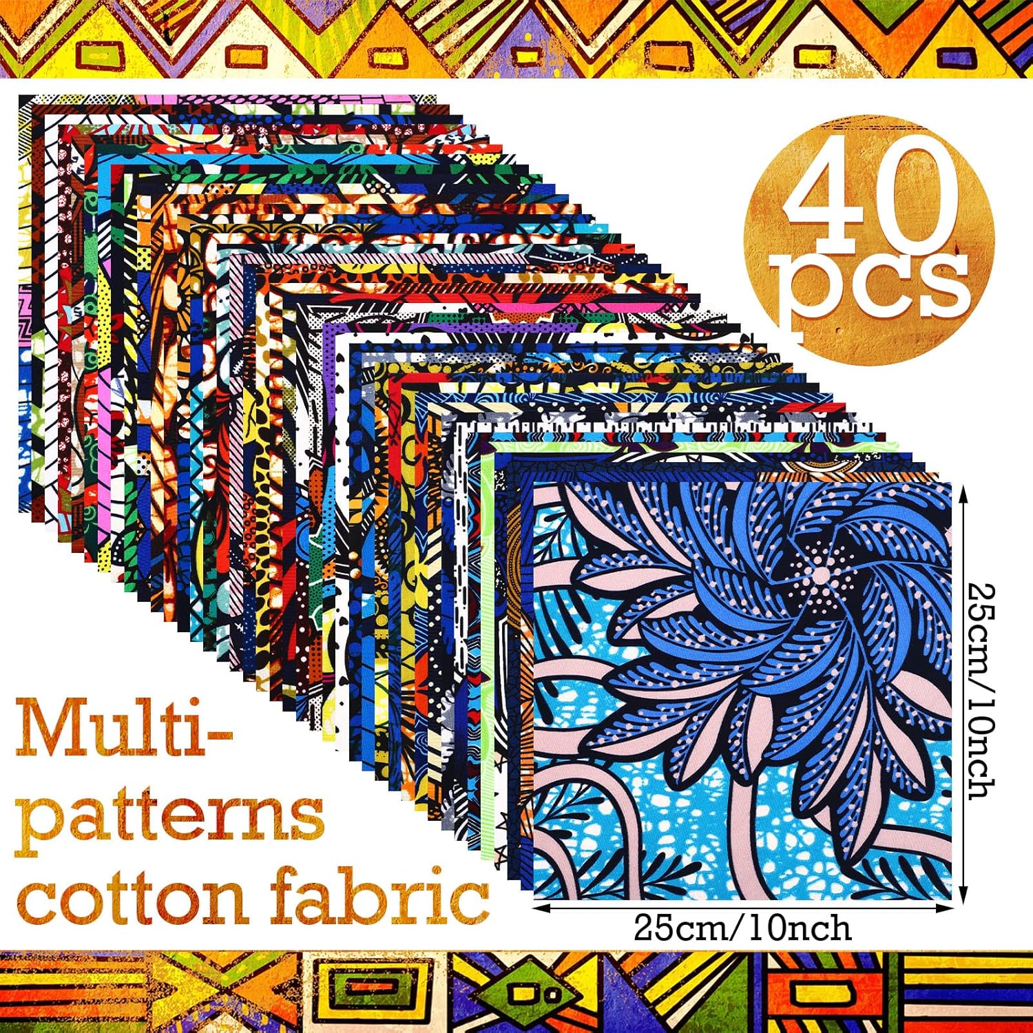 Mixweer 40 Pcs African Cotton Fabric Square No Repeat Quilting Fabrics Bundles African Wax Fabric Cotton Ankara Fat Quarters for DIY Sewing Cloths