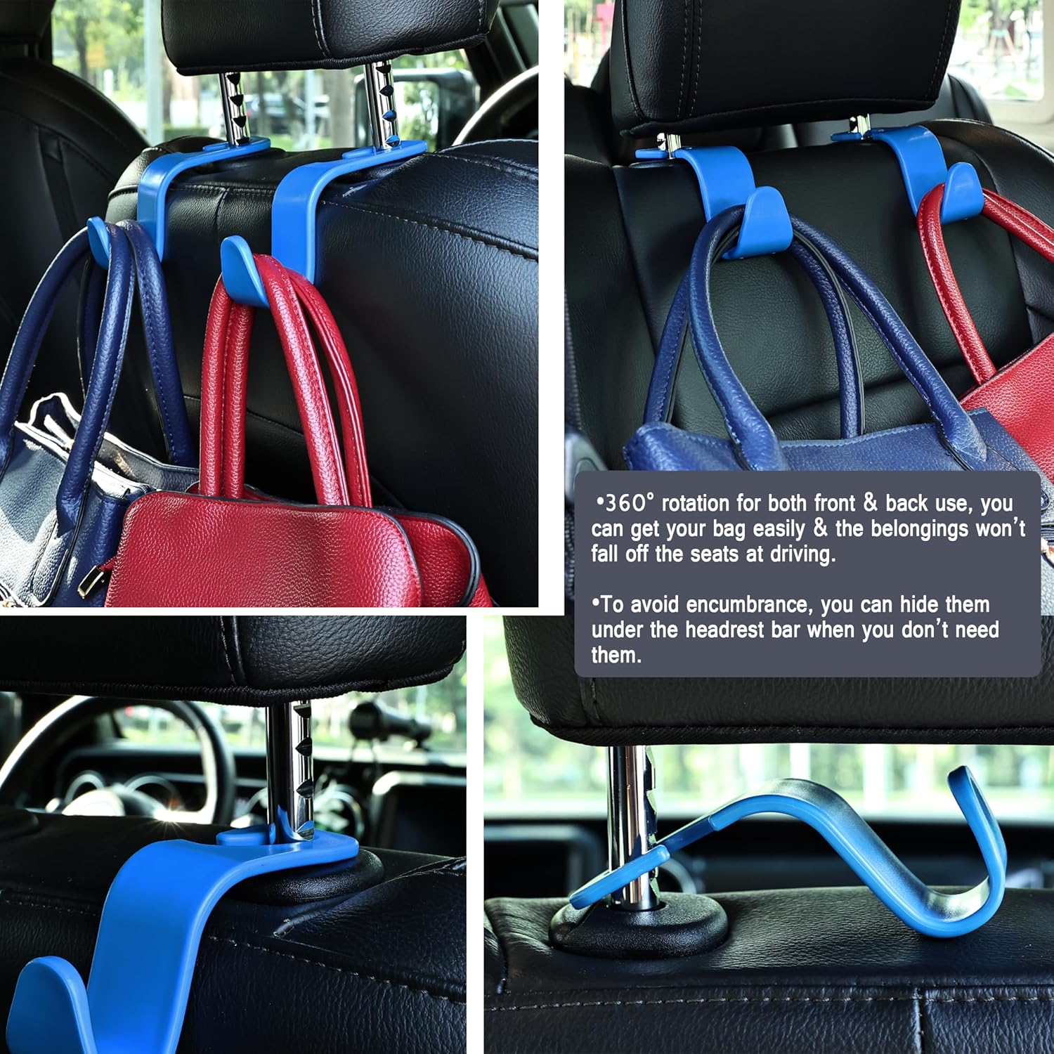 Amooca Paquete de 4 ganchos para reposacabezas de asiento de automóvil, organizador universal de almacenamiento de automóvil, para bolso, bolso,