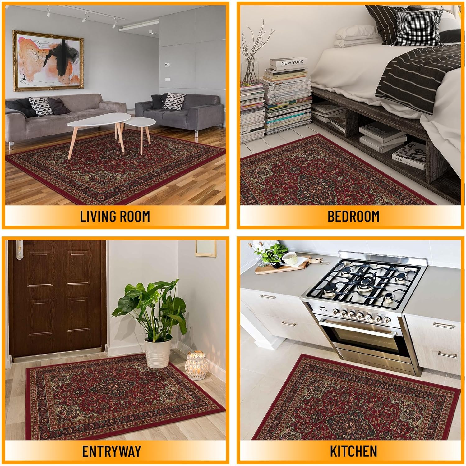 Ottomanson Ottohome Collection – Alfombra antideslizante de goma con diseño oriental, 5 x 7 pies, 5 x 6 pies 6 pulgadas, color rojo