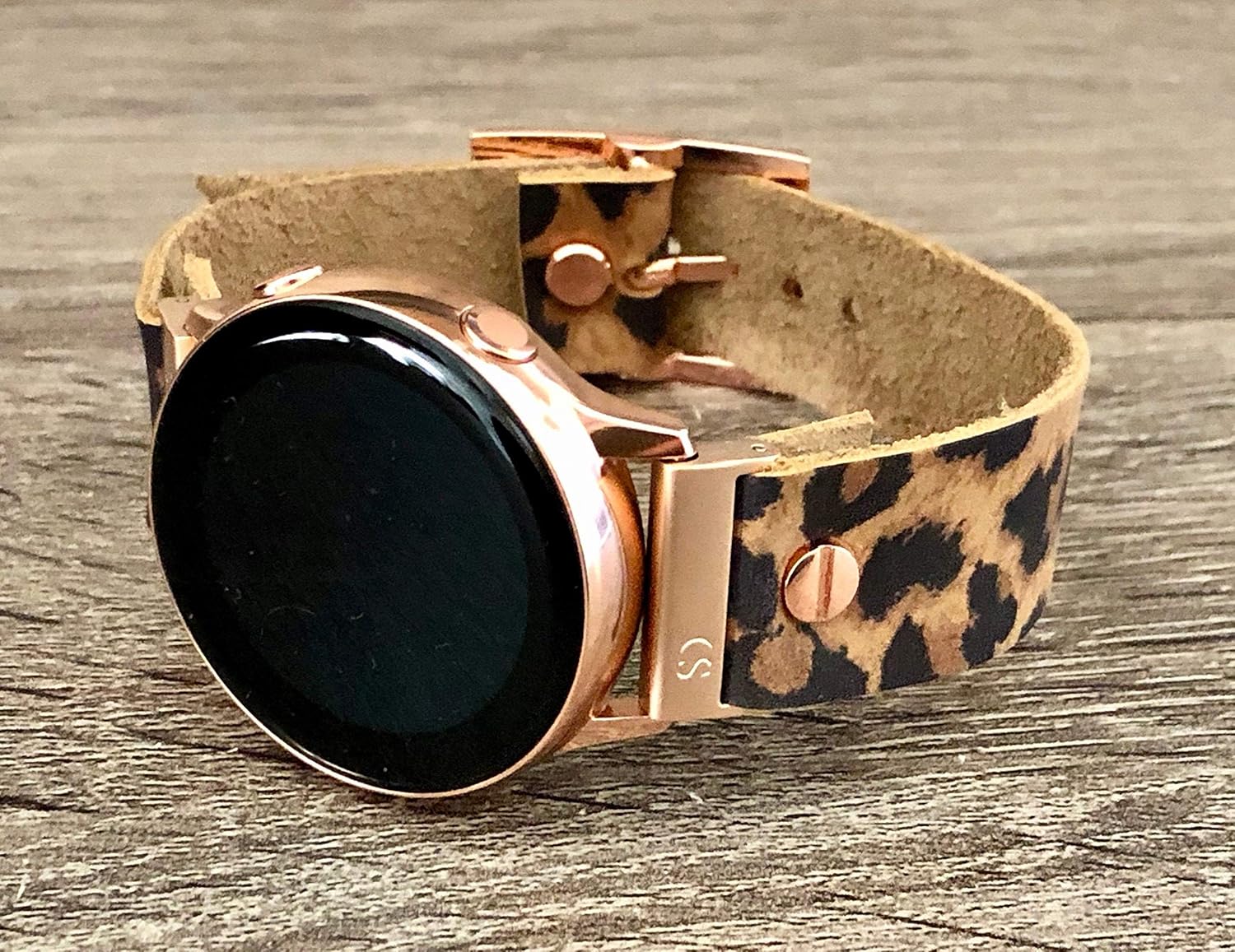 Leopard Print Genuine Leather Band for Samsung Galaxy Watch 42mm Adjustable Size Strap Bracelet Smartwatch Rose Gold Metal Jewelry Wristband