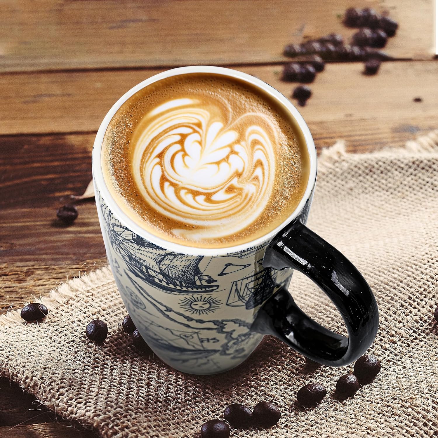 Voltogar Taza de café de viaje de cerámica con tapa, regalo para el hogar y la oficina, taza de té alta de porcelana de 17 onzas con mango de arte