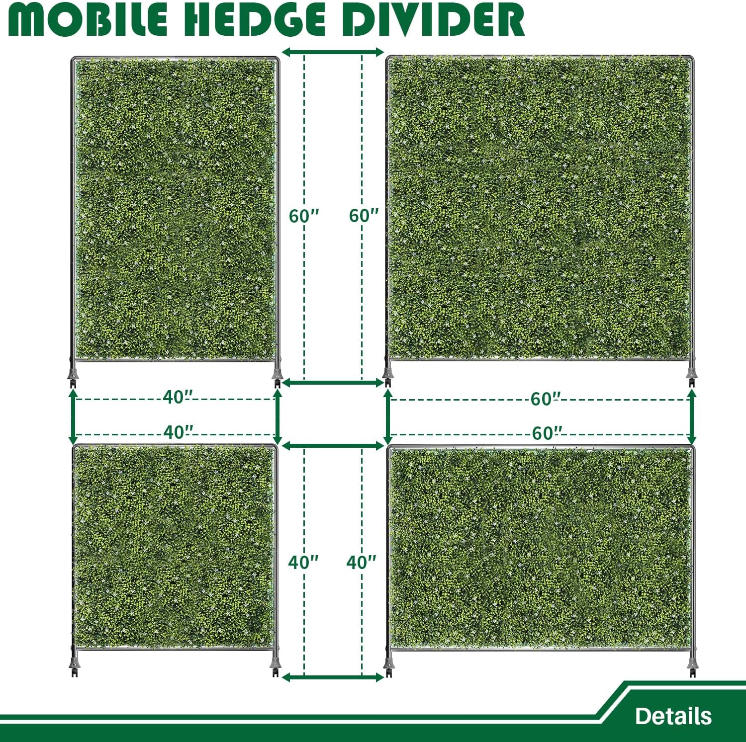 Goleray Divisor de habitación móvil de 40 pulgadas de alto x 40 W, paneles de privacidad para exteriores, pantallas de boj, divisor de pared de
